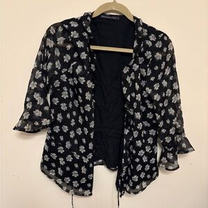 Abercrombie & Fitch Black Floral Ruffle Wrap Blouse - 3/4 Bell Sleeve - Size M